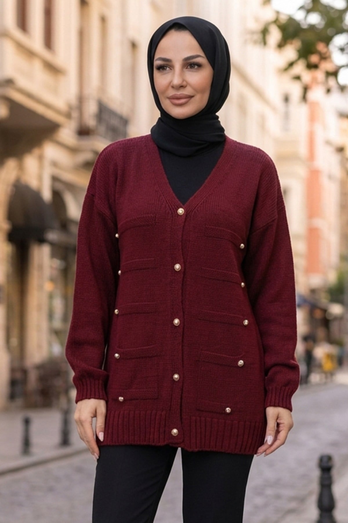 V Yaka Düğme Detaylı Triko Hırka Bordo HNT2810