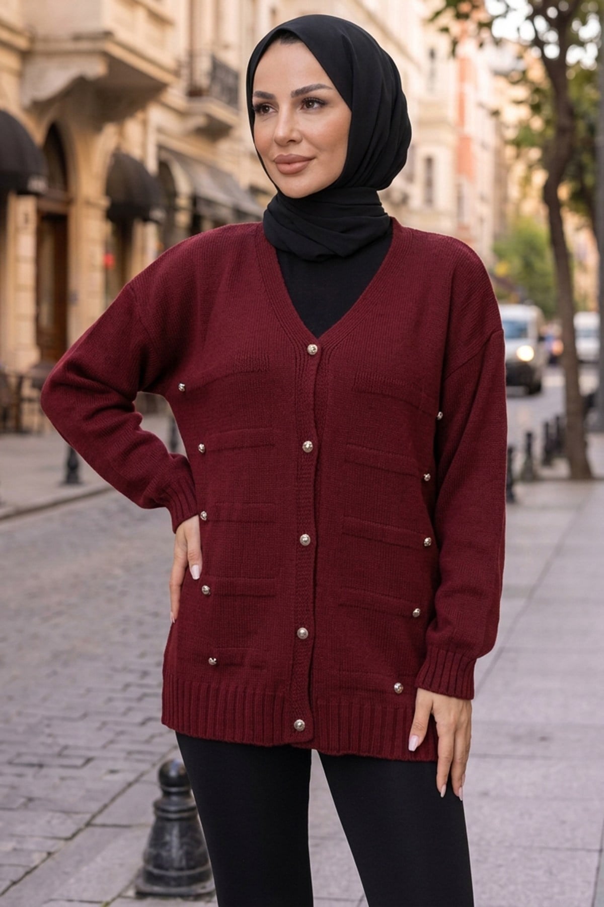 V Yaka Düğme Detaylı Triko Hırka Bordo HNT2810
