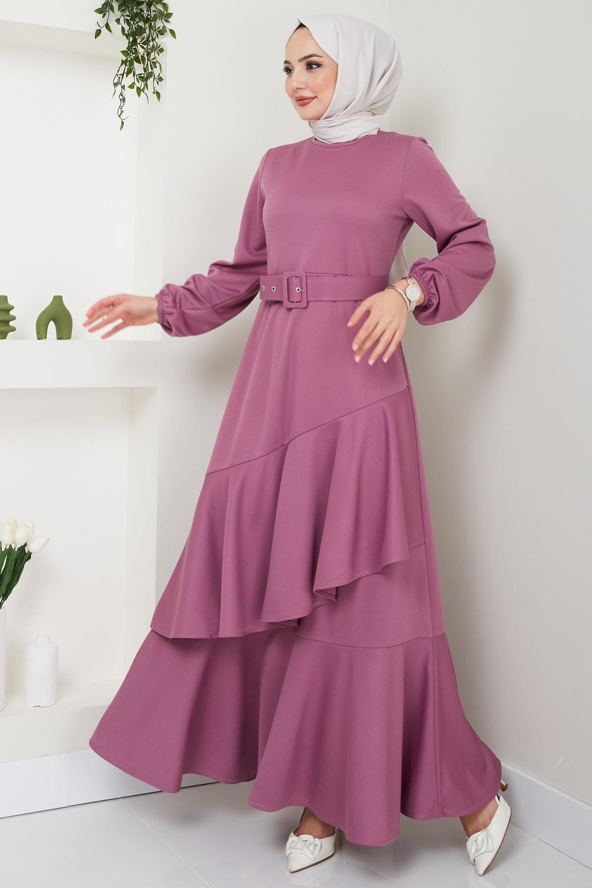 Volan Detaylı Kemerli Elbise Mürdüm HM2421