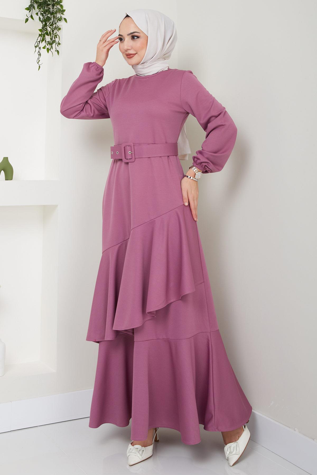Volan Detaylı Kemerli Elbise Mürdüm HM2421