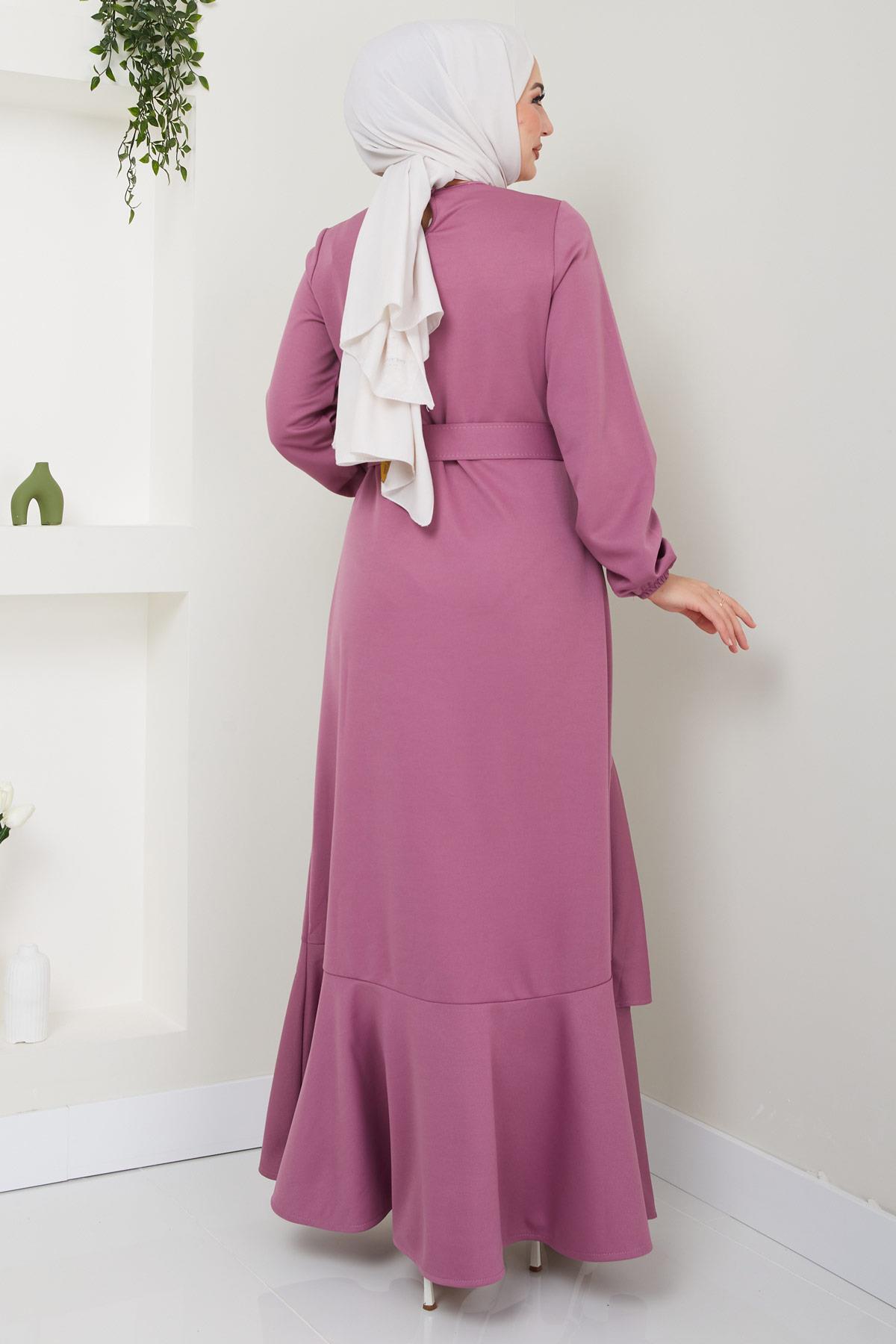 Volan Detaylı Kemerli Elbise Mürdüm HM2421