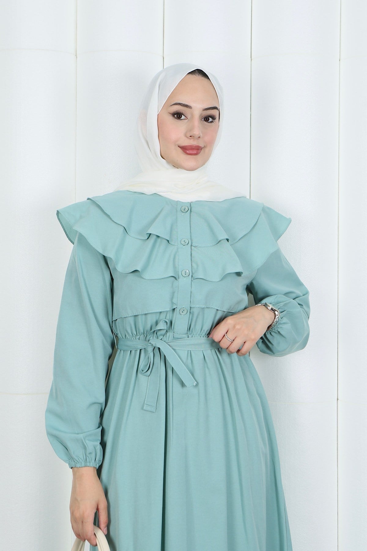 Volan Yaka Düğmeli Beli Lastikli Kuşaklı Elbise HNT03151 Mint Yeşili