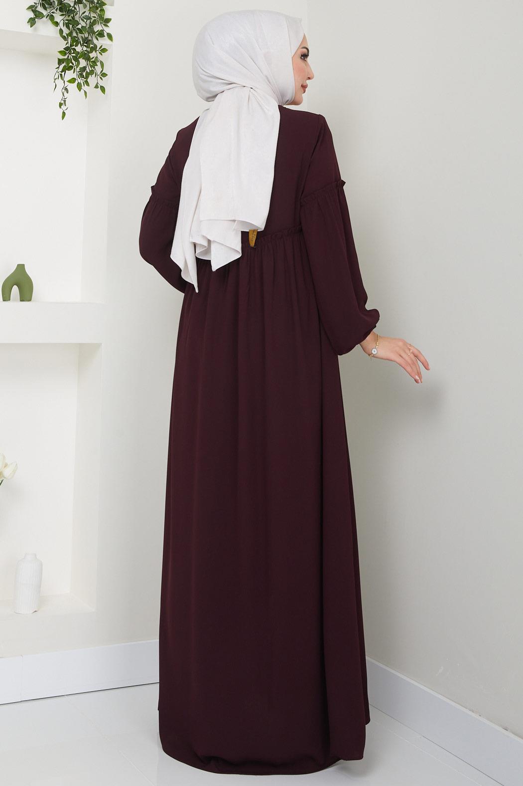 Yaka Bağcıklı Büzgülü Ferace Bordo HM2468