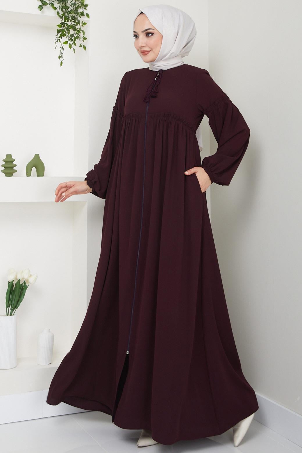 Yaka Bağcıklı Büzgülü Ferace Bordo HM2468