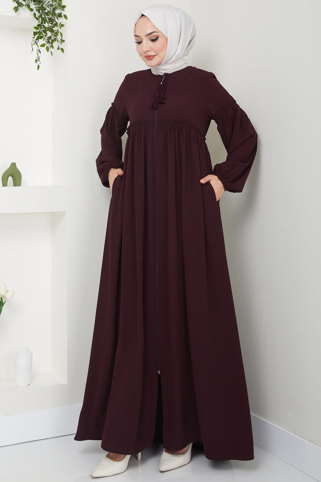 Yaka Bağcıklı Büzgülü Ferace Bordo HM2468