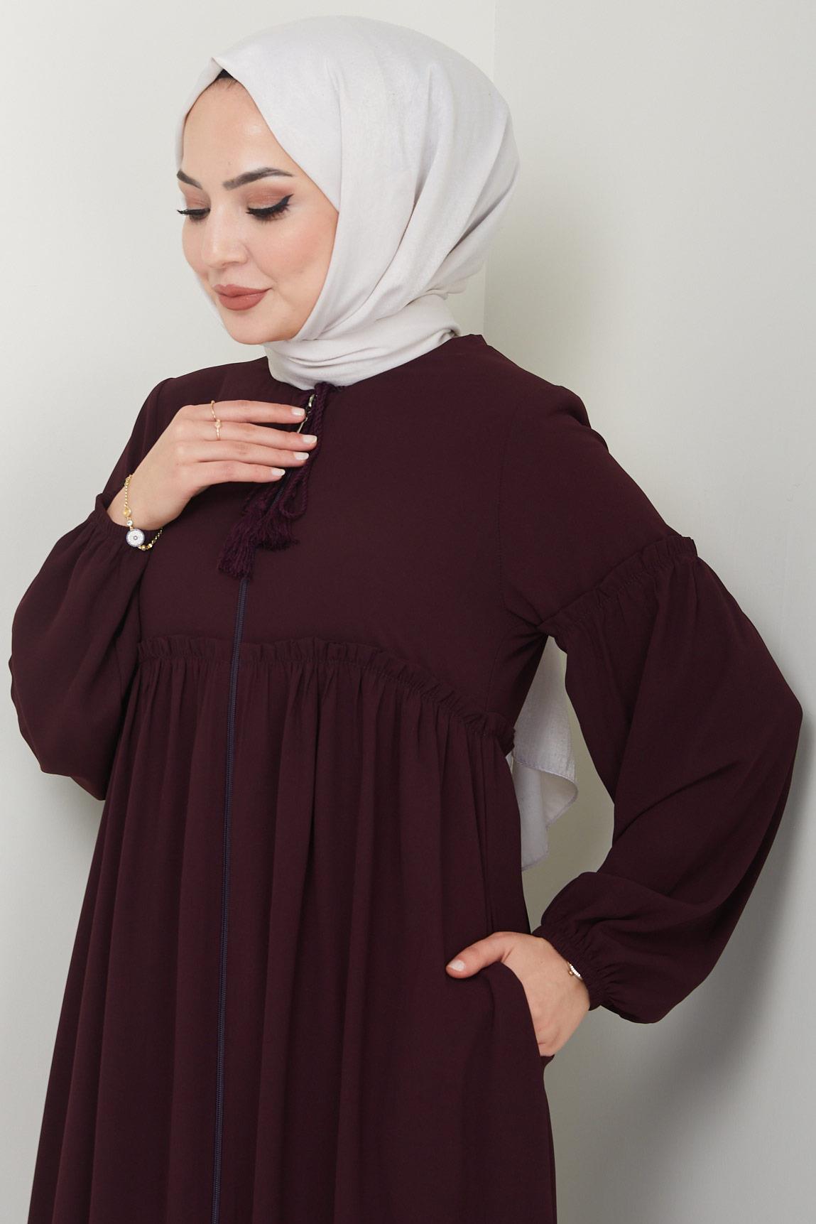 Yaka Bağcıklı Büzgülü Ferace Bordo HM2468