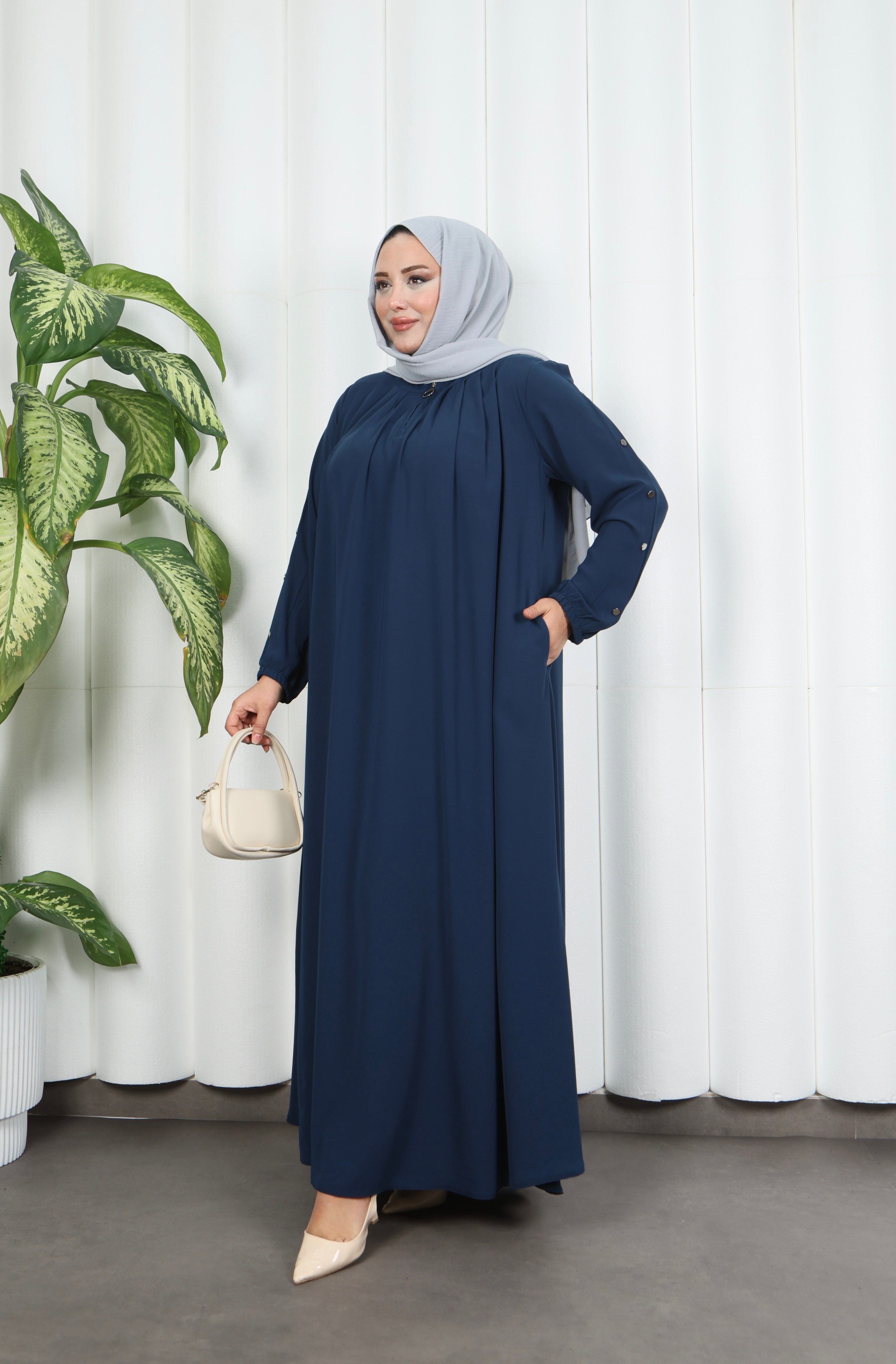 Yakadan Pileli Yarım Mevlana Ferace Lacivert  HNT7063