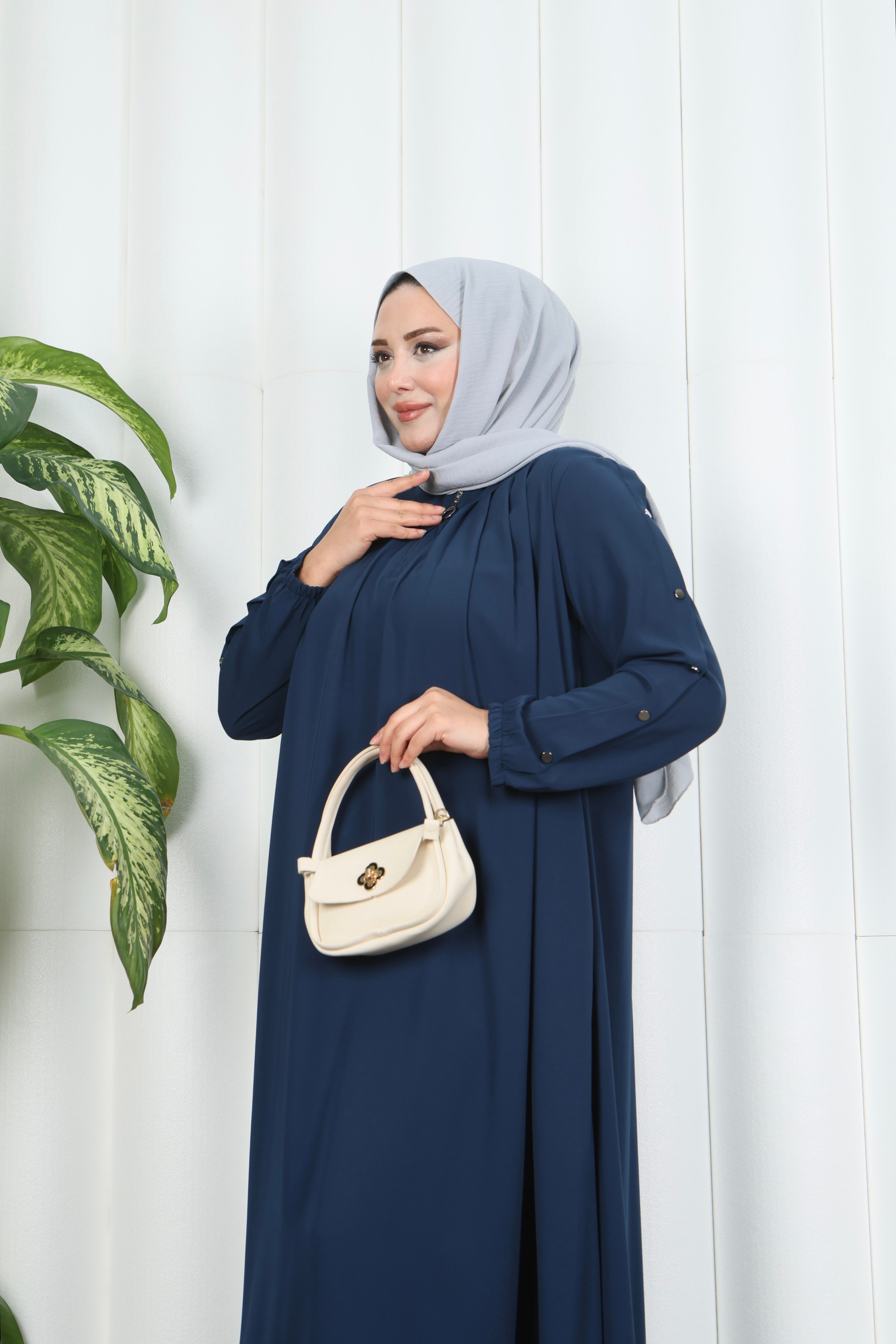 Yakadan Pileli Yarım Mevlana Ferace Lacivert  HNT7063