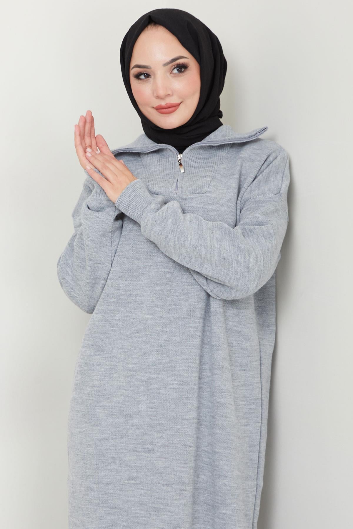 Yakası Fermuarlı Düz Triko Elbise Gri HM2568