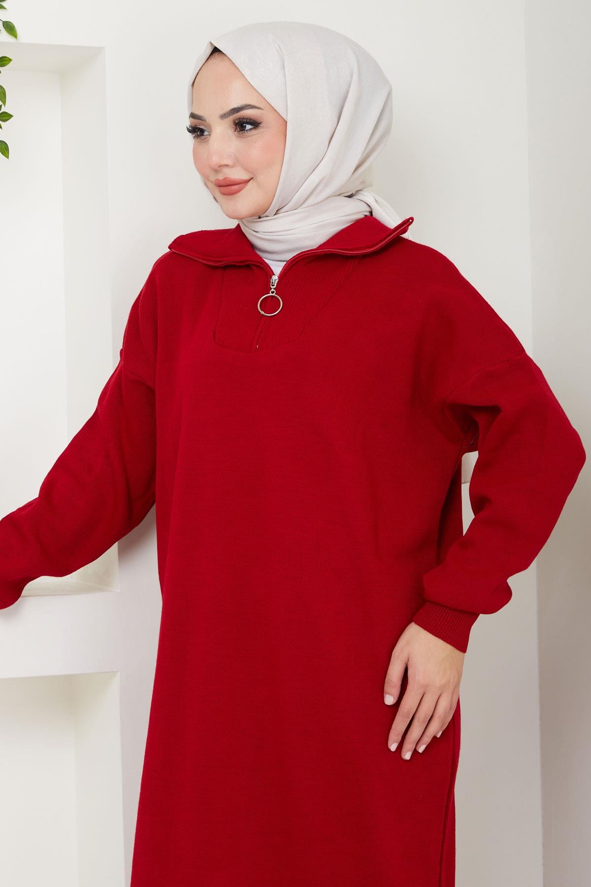 Yakası Fermuarlı Düz Triko Elbise Kırmızı HM2568