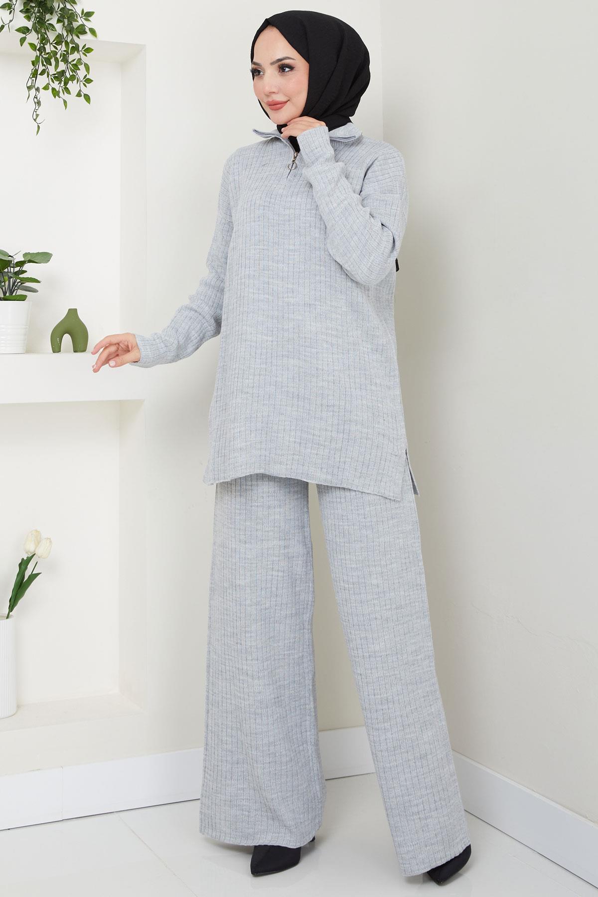 Yakası Fermuarlı Fitilli Triko Takım Gri HM2550