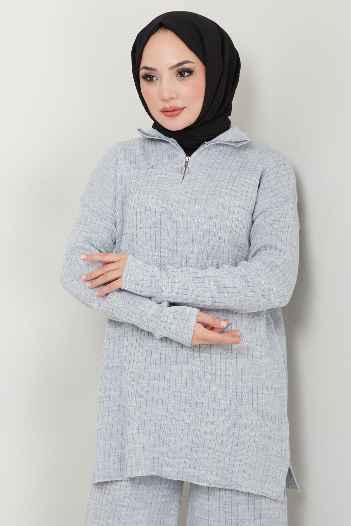 Yakası Fermuarlı Fitilli Triko Takım Gri HM2550