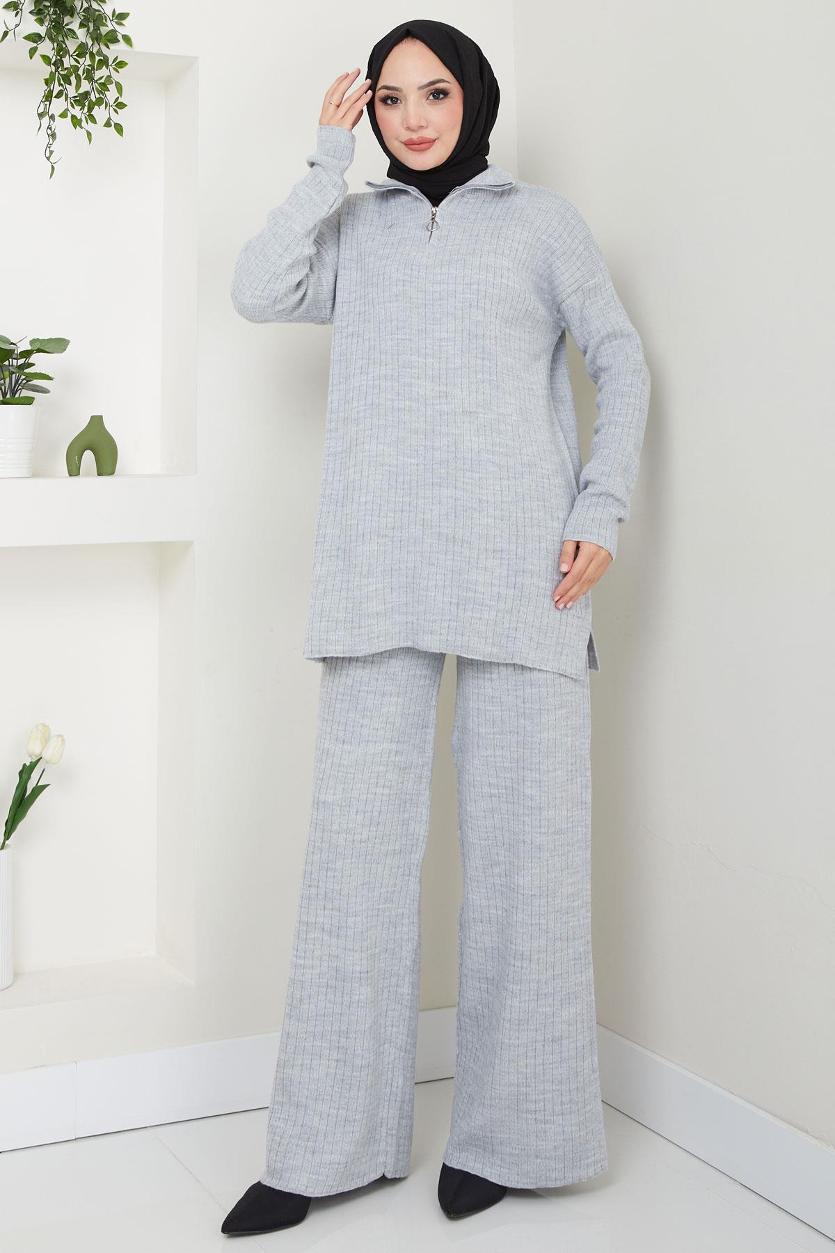 Yakası Fermuarlı Fitilli Triko Takım Gri HM2550