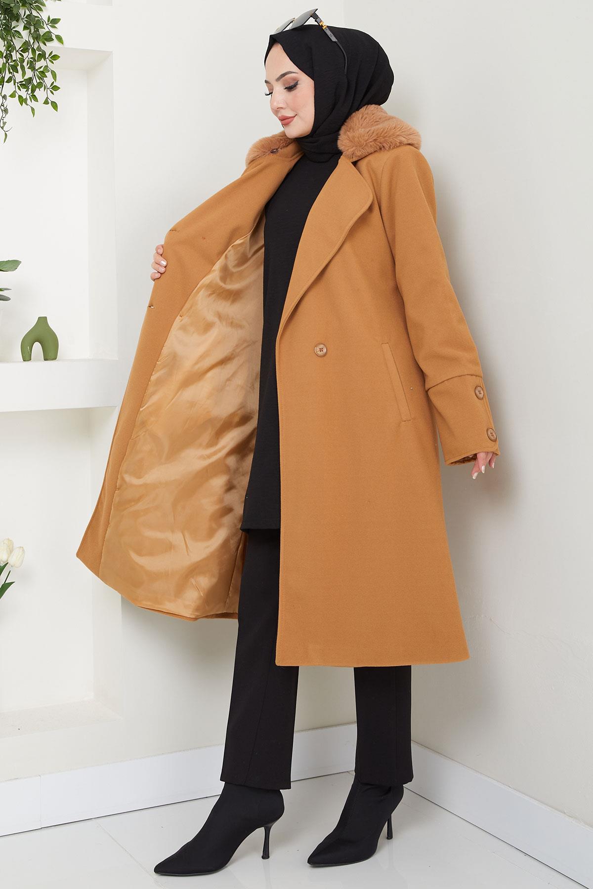 Yakası Kürk Detaylı Kaşe Kaban Taba HM2583