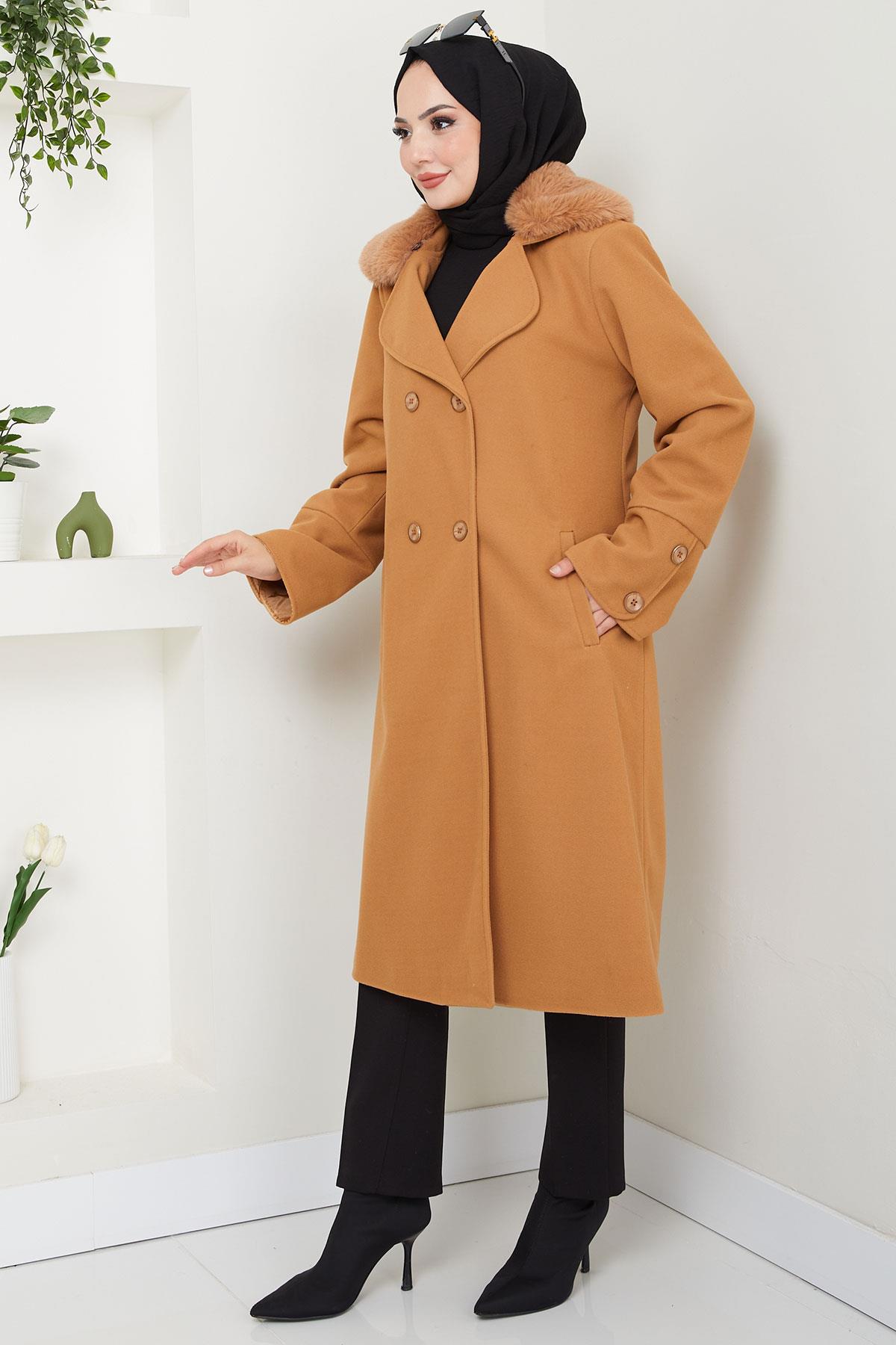 Yakası Kürk Detaylı Kaşe Kaban Taba HM2583