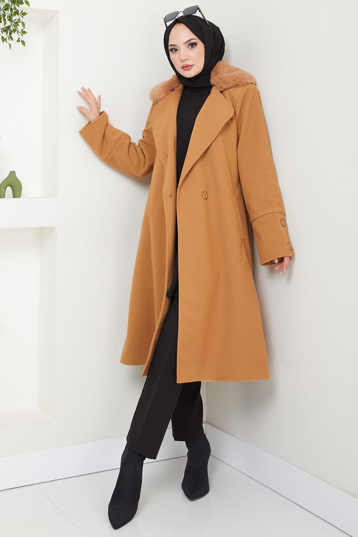Yakası Kürk Detaylı Kaşe Kaban Taba HM2583