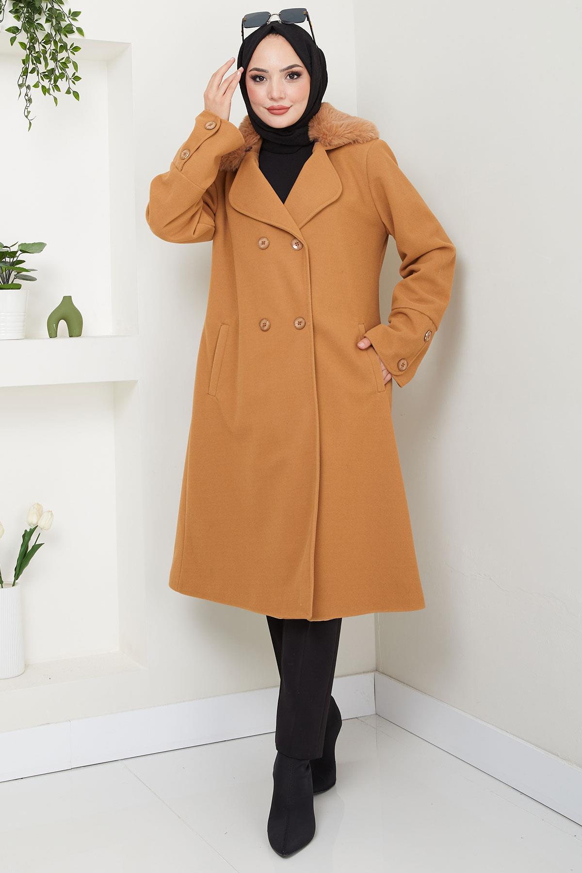Yakası Kürk Detaylı Kaşe Kaban Taba HM2583