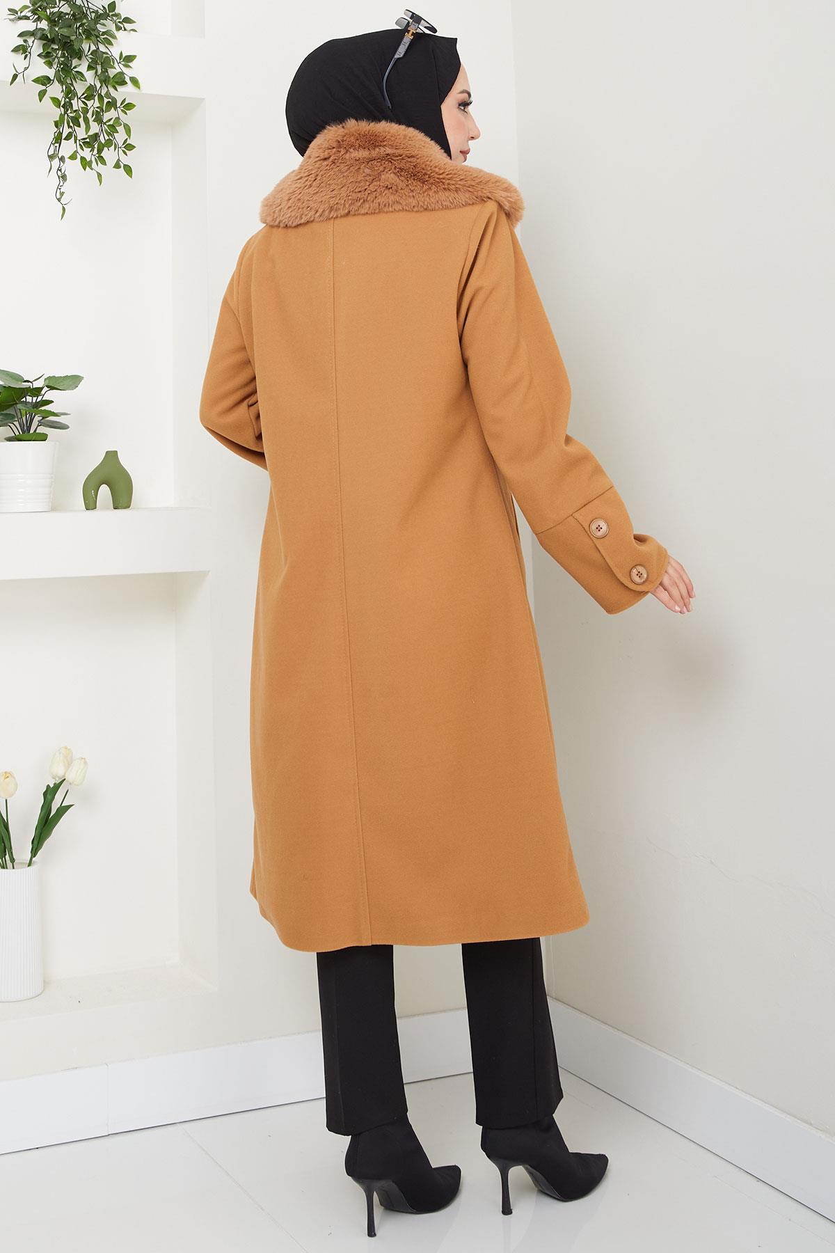 Yakası Kürk Detaylı Kaşe Kaban Taba HM2583