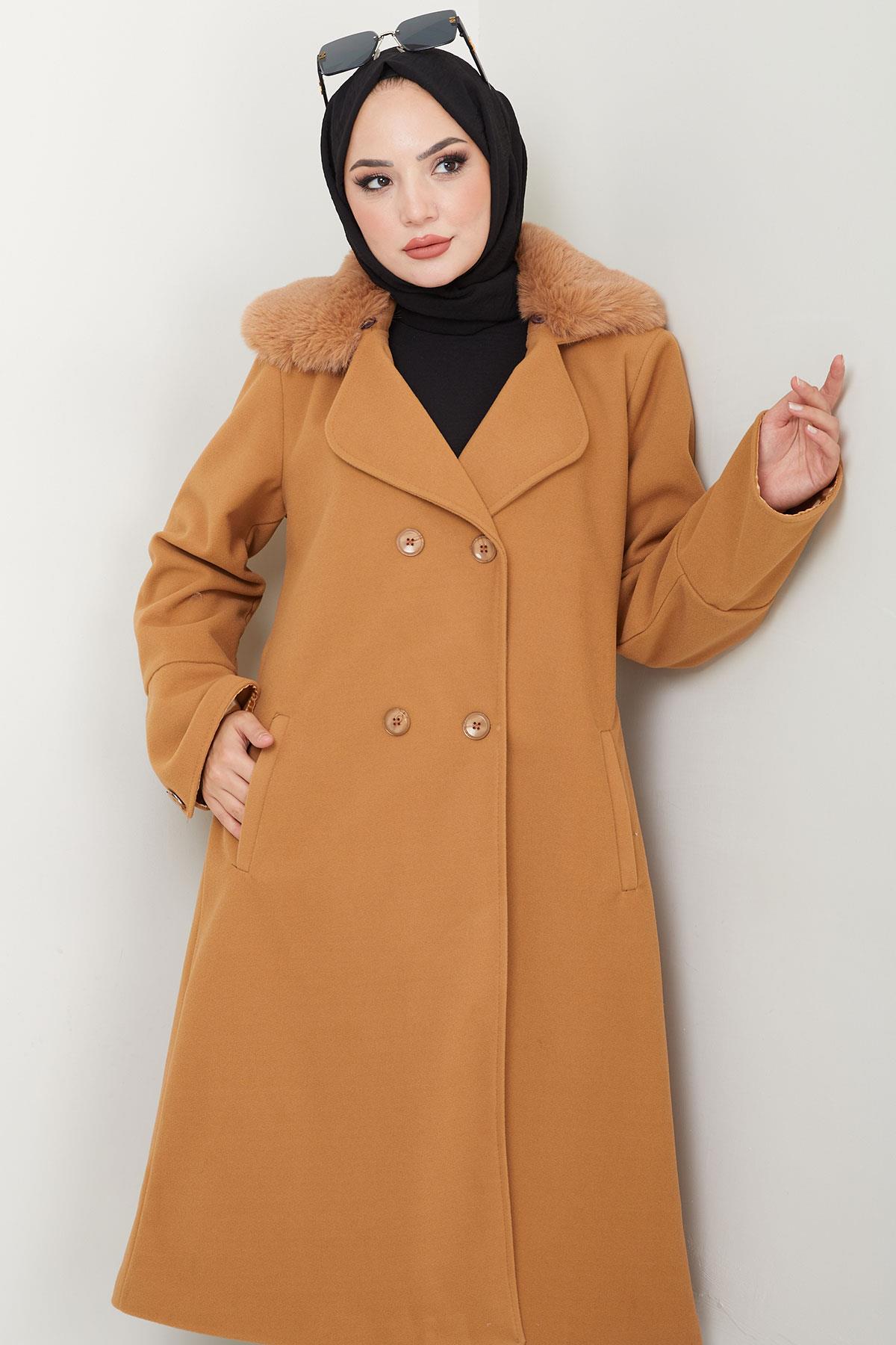 Yakası Kürk Detaylı Kaşe Kaban Taba HM2583