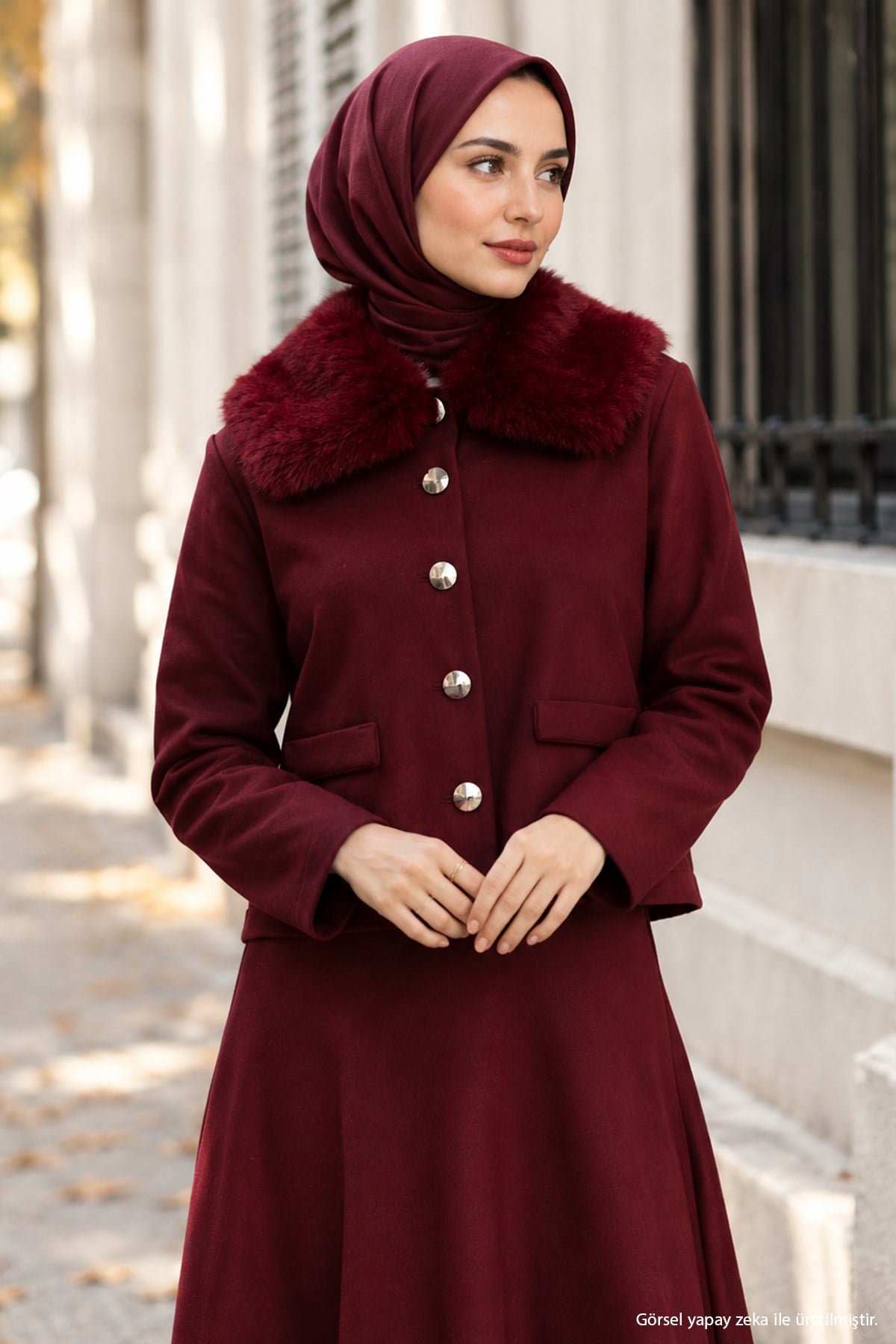 Yakası Kürklü Puf Scuba Takım Bordo HM2968