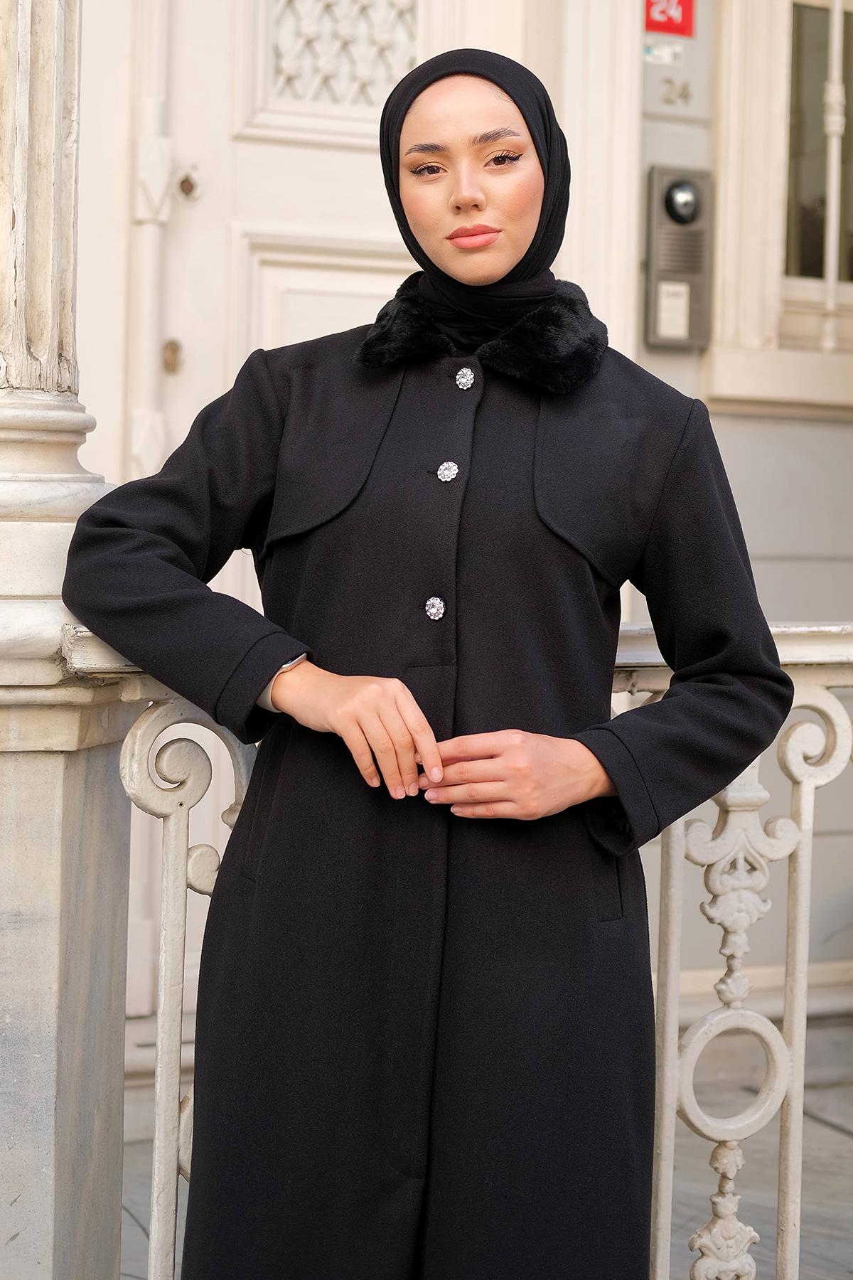 Yakası Kürklü Uzun Kaşe Kaban Siyah HM2298