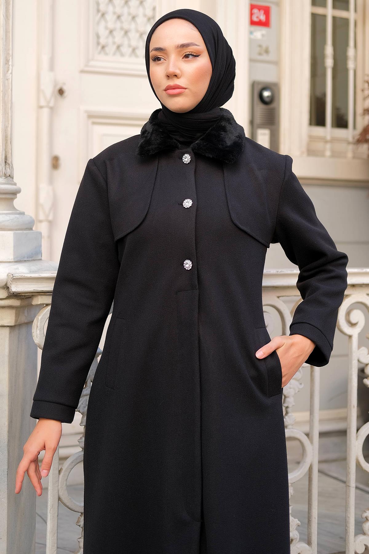 Yakası Kürklü Uzun Kaşe Kaban Siyah HM2298