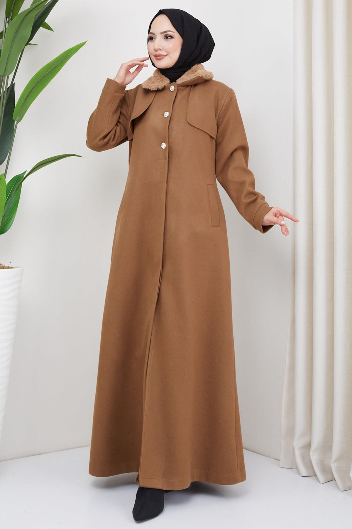 Yakası Kürklü Uzun Kaşe Kaban Taba HM2298