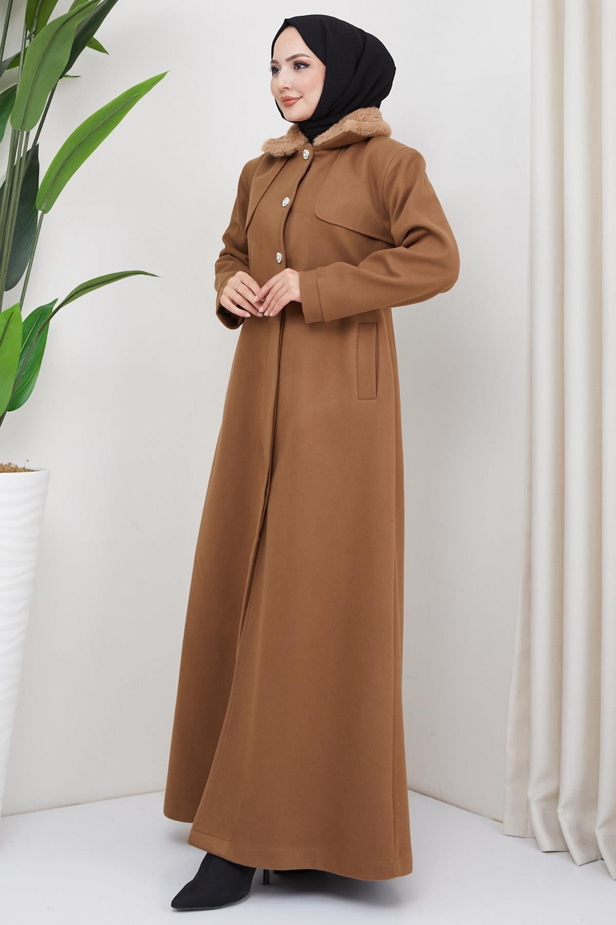 Yakası Kürklü Uzun Kaşe Kaban Taba HM2298