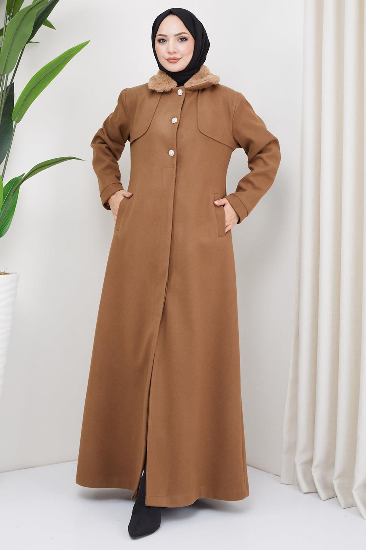 Yakası Kürklü Uzun Kaşe Kaban Taba HM2298