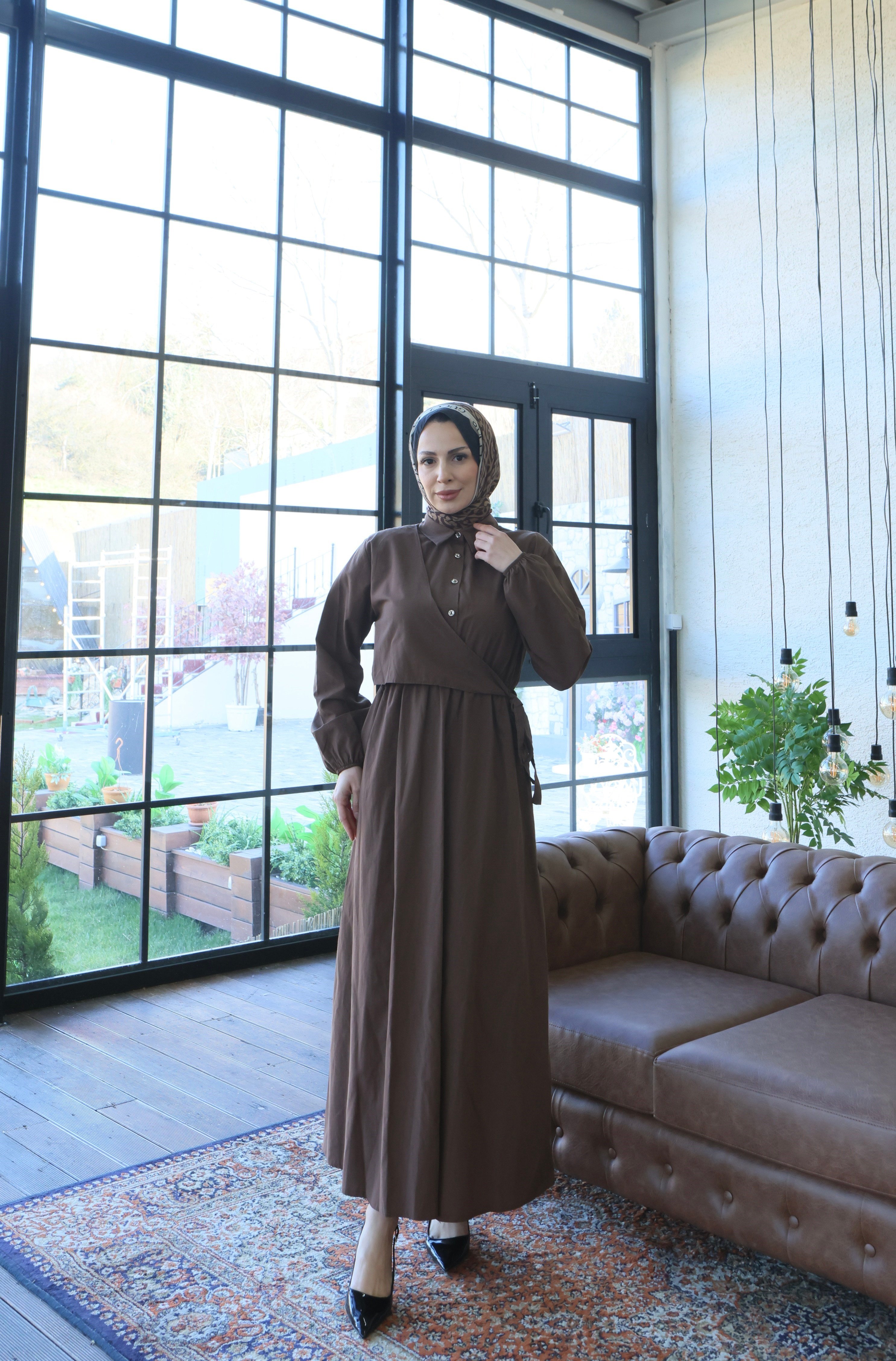 Yandan Bağlamalı  Tesettür Elbise Kahve  HNT010