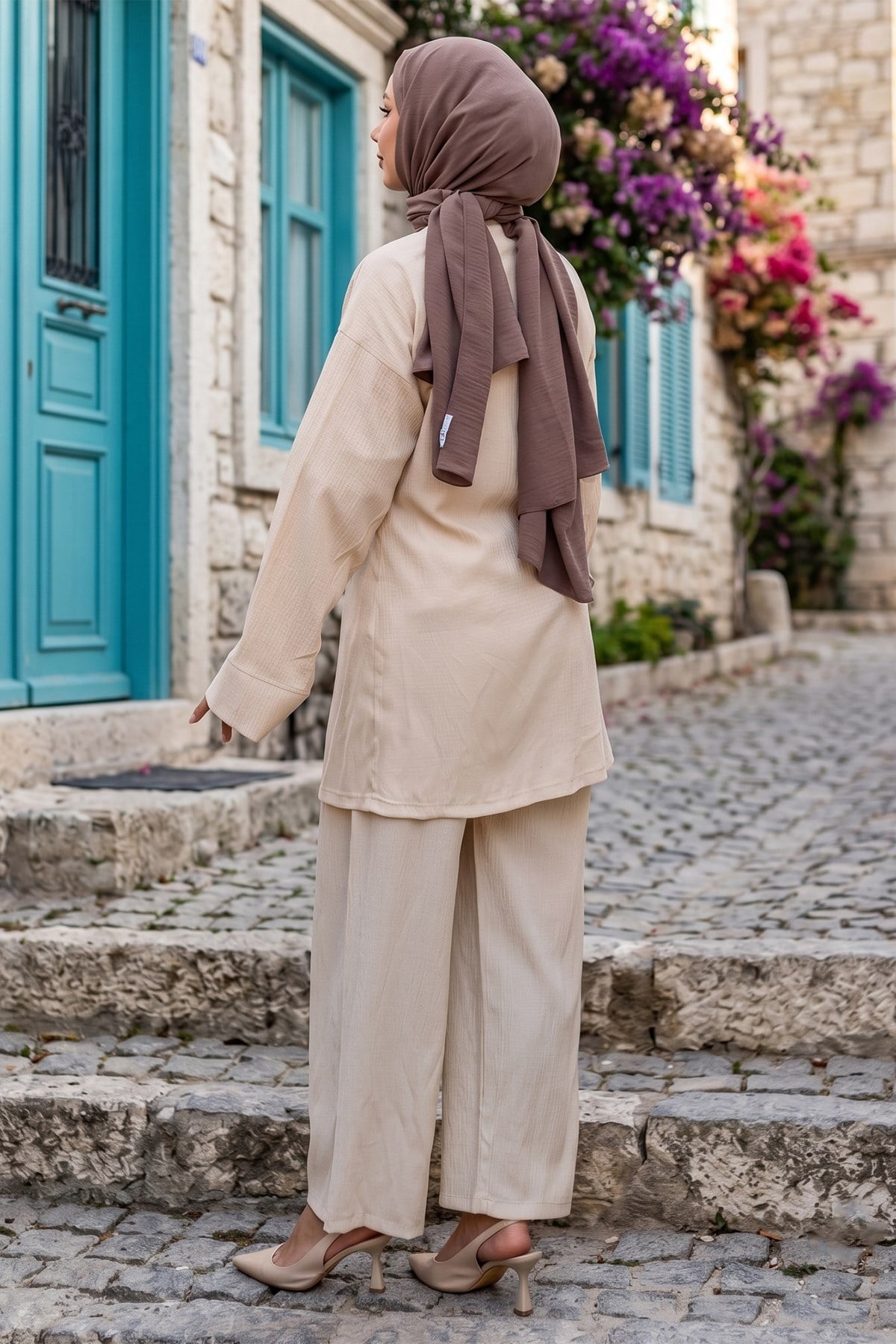 Yandan Bağlamalı Kimono Takım Bej HM2935