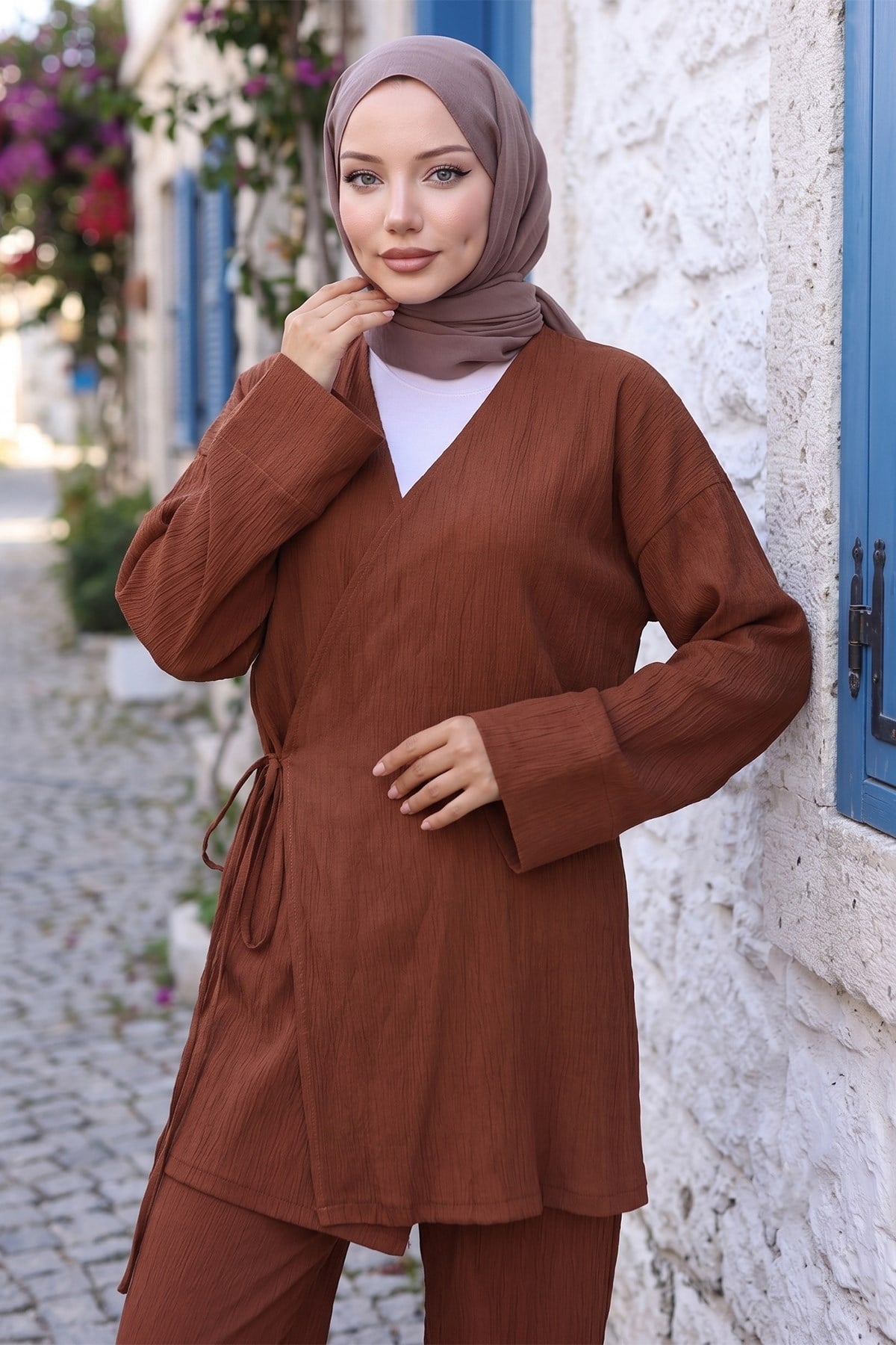 Yandan Bağlamalı Kimono Takım Kahverengi HM2935