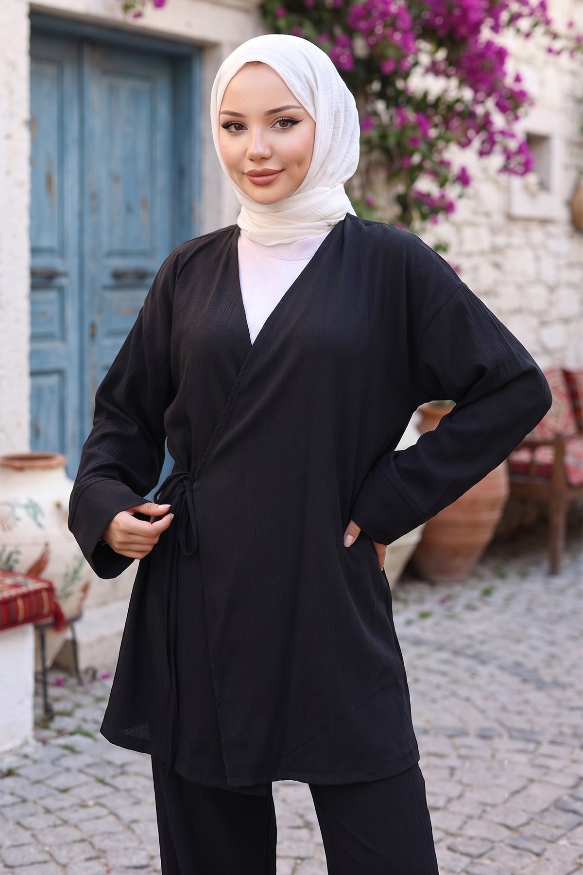 Yandan Bağlamalı Kimono Takım Siyah HM2935