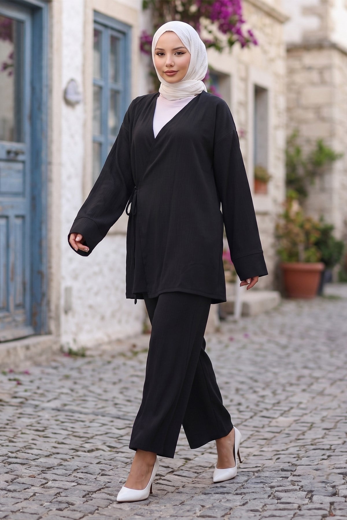 Yandan Bağlamalı Kimono Takım Siyah HM2935