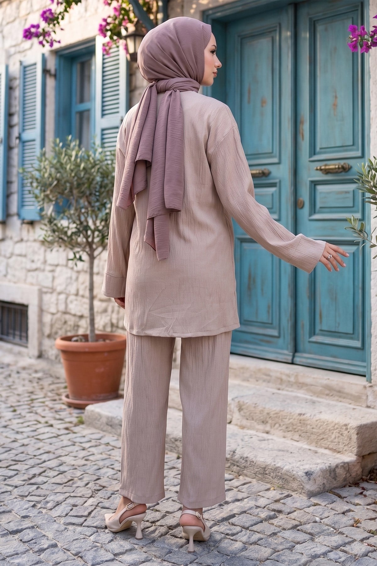Yandan Bağlamalı Kimono Takım Vizon HM2935