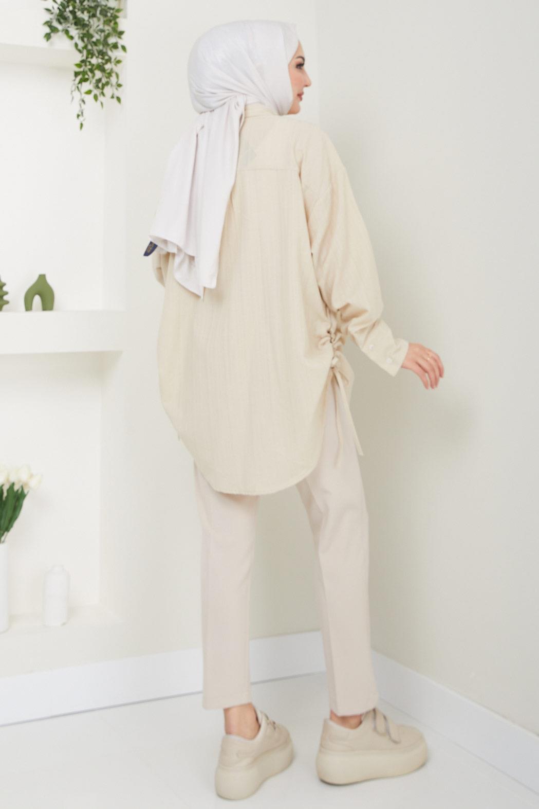 Yandan Bağlamalı Oversize Gömlek Bej HM2471