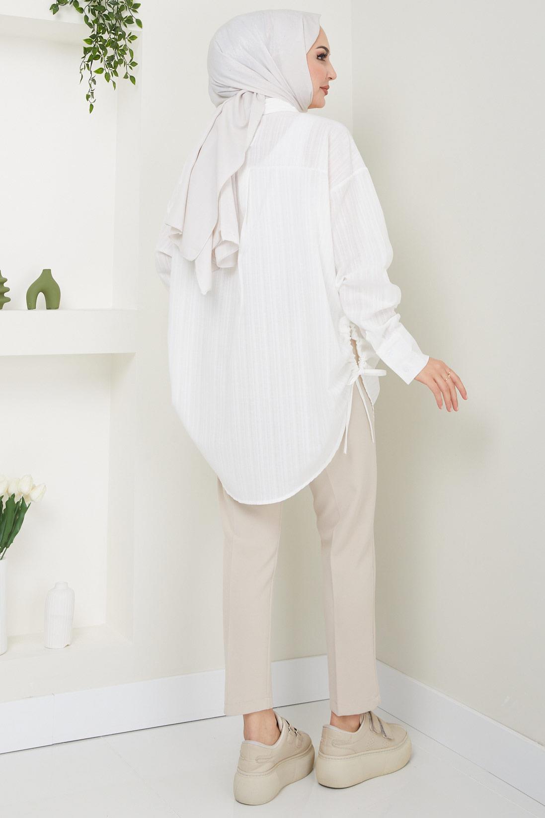 Yandan Bağlamalı Oversize Gömlek Beyaz HM2471