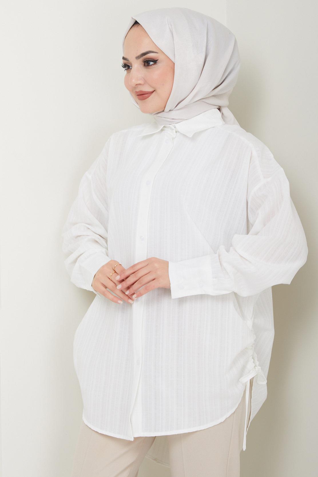 Yandan Bağlamalı Oversize Gömlek Beyaz HM2471