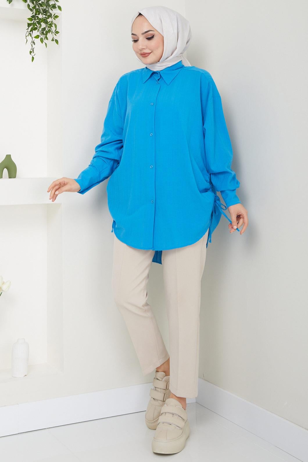 Yandan Bağlamalı Oversize Gömlek Mavi HM2471