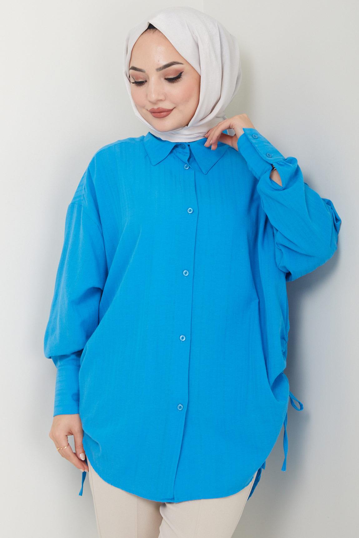 Yandan Bağlamalı Oversize Gömlek Mavi HM2471