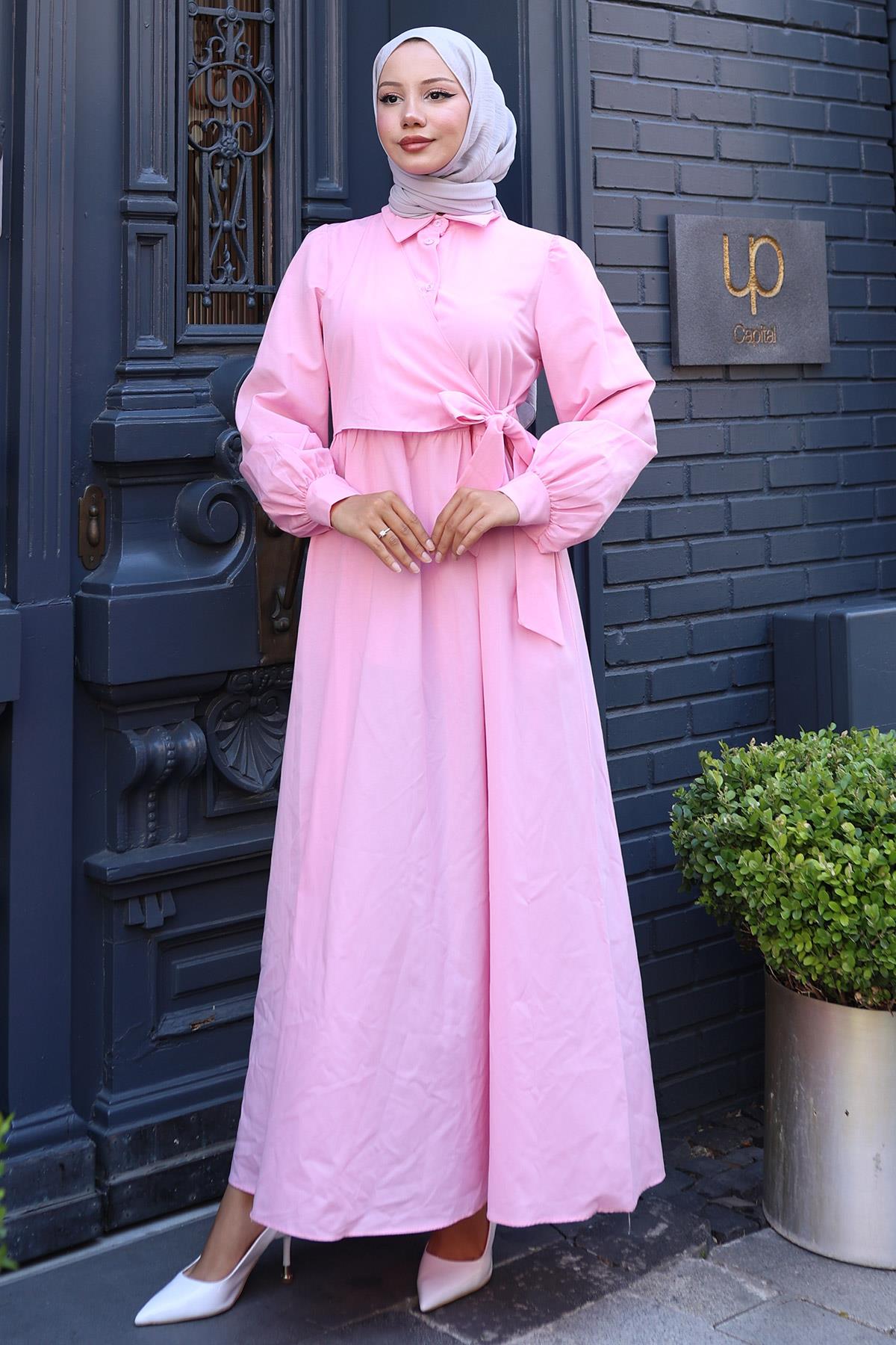 Yandan Bağlamalı Tesettür Elbise Pembe HM2753