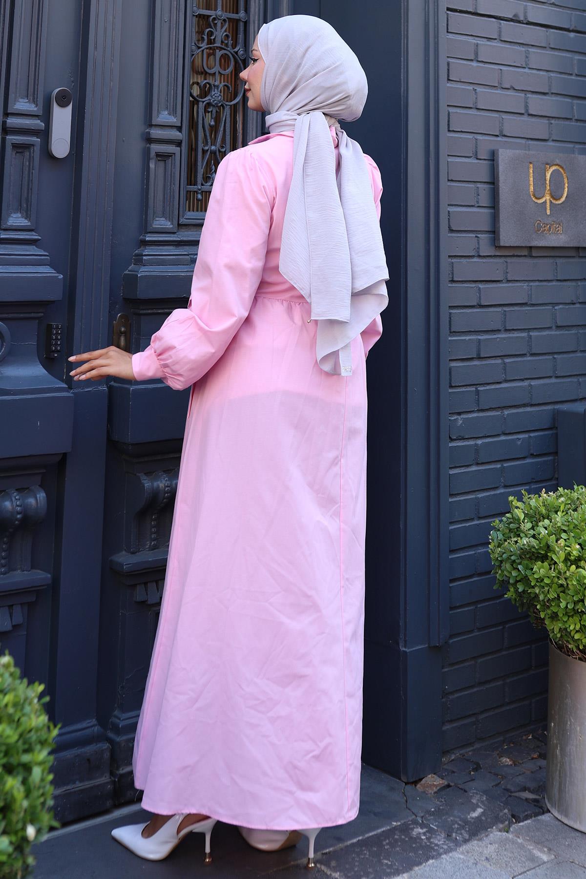 Yandan Bağlamalı Tesettür Elbise Pembe HM2753