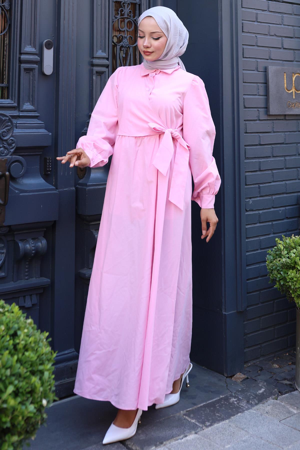 Yandan Bağlamalı Tesettür Elbise Pembe HM2753