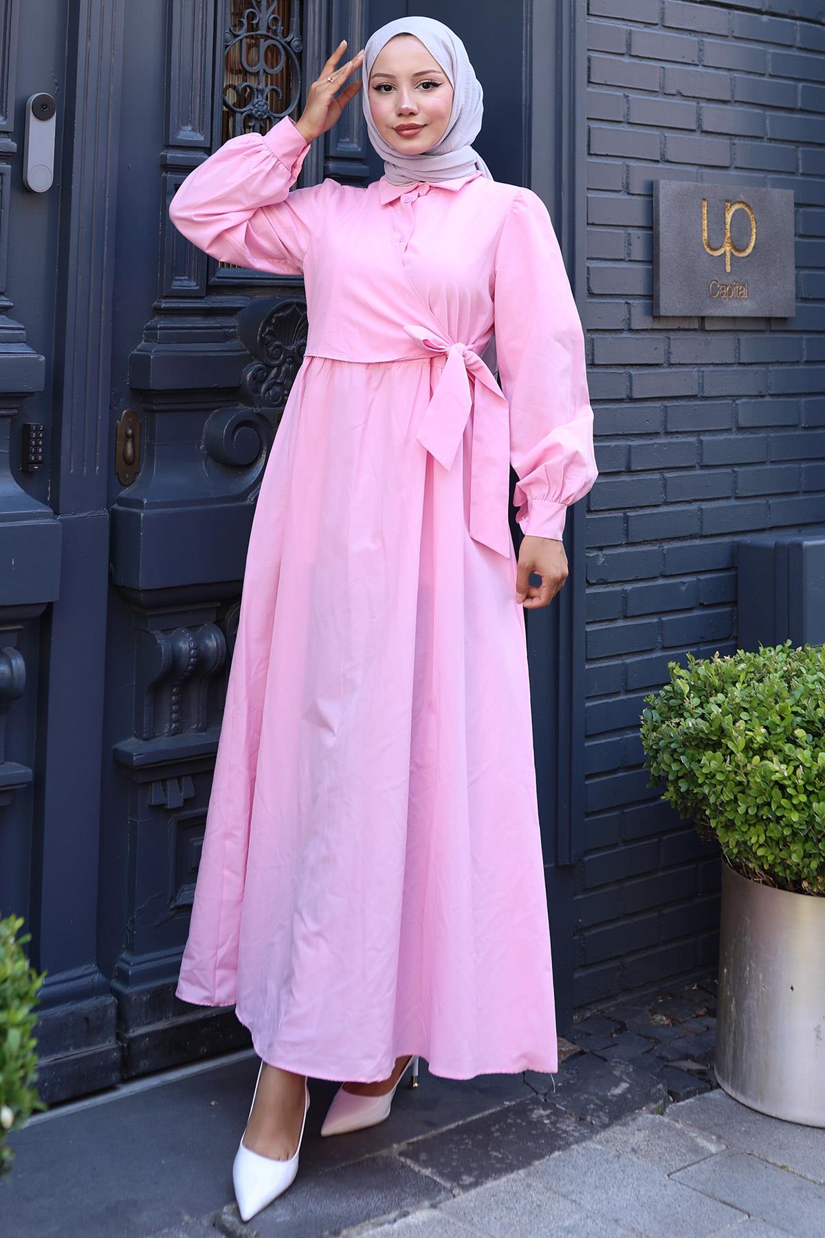 Yandan Bağlamalı Tesettür Elbise Pembe HM2753