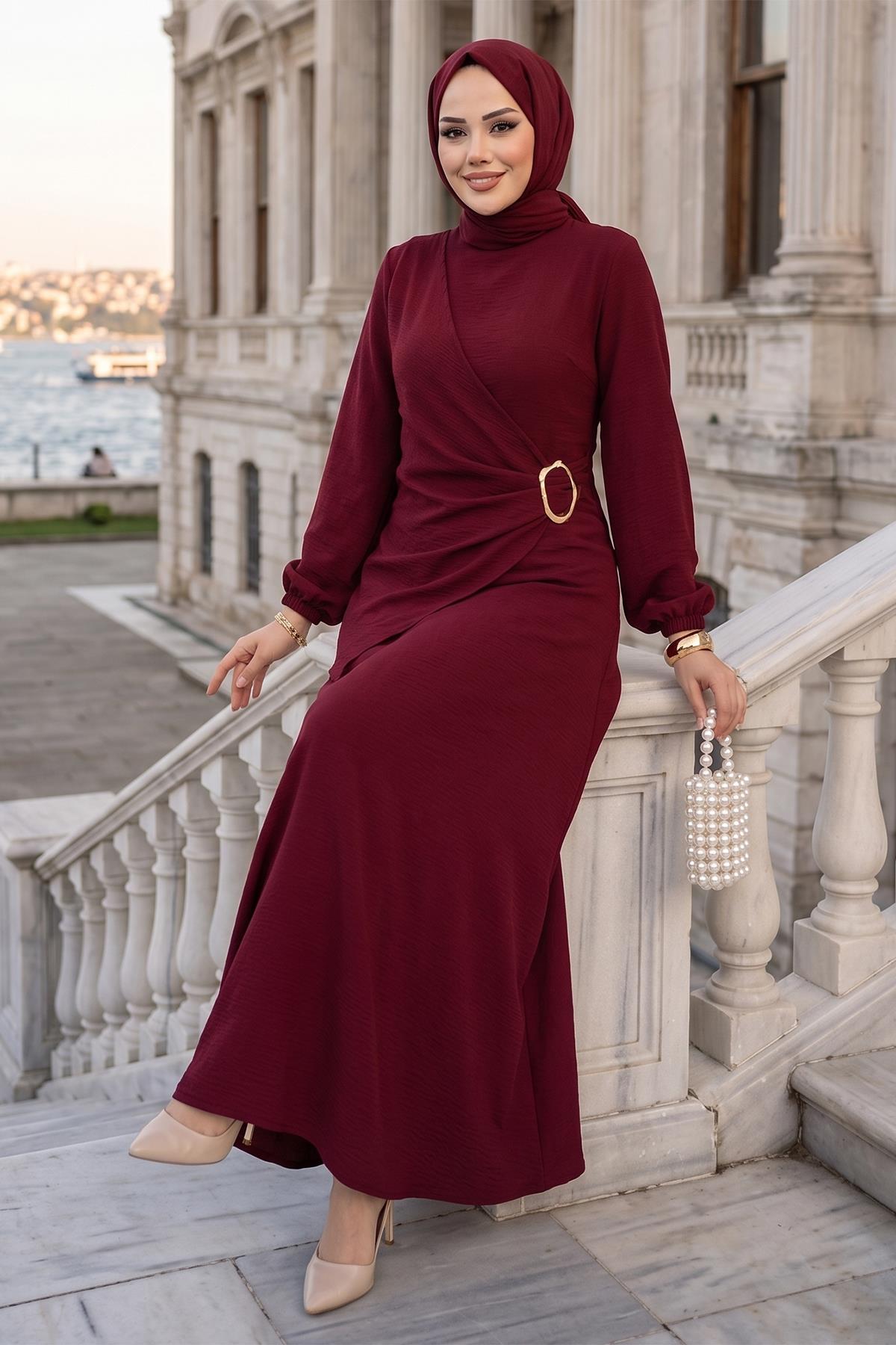 Yandan Tokalı Ayrobin Elbise Bordo HM2914