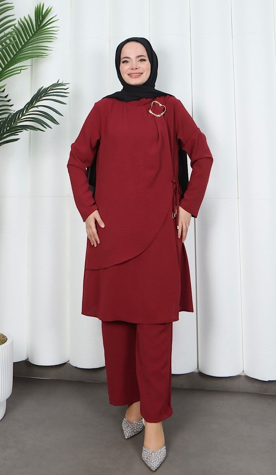 Yandan Tokalı Pantolonlu Ayrobin Takım Bordo  HNT8591