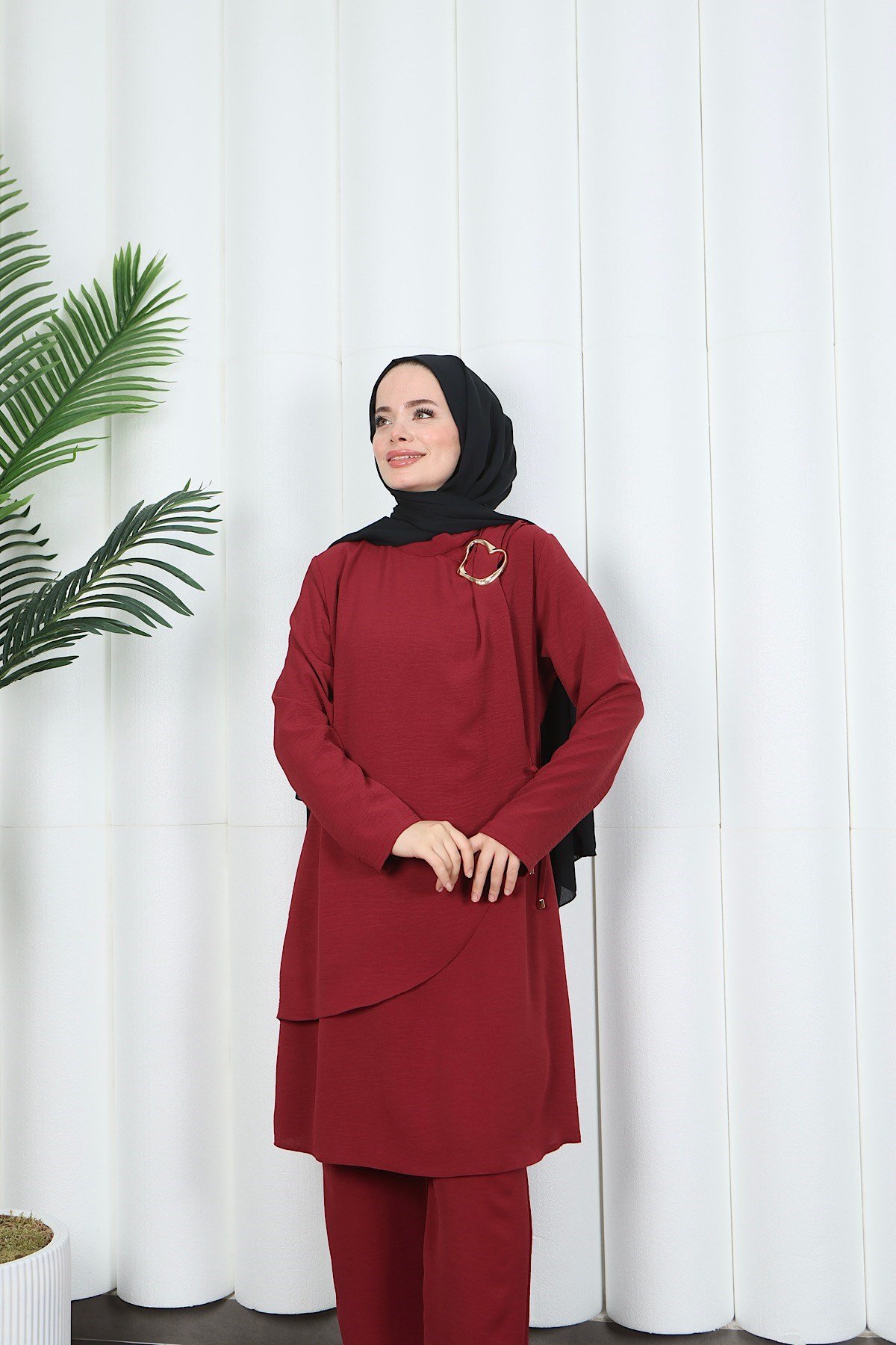 Yandan Tokalı Pantolonlu Ayrobin Takım Bordo  HNT8591