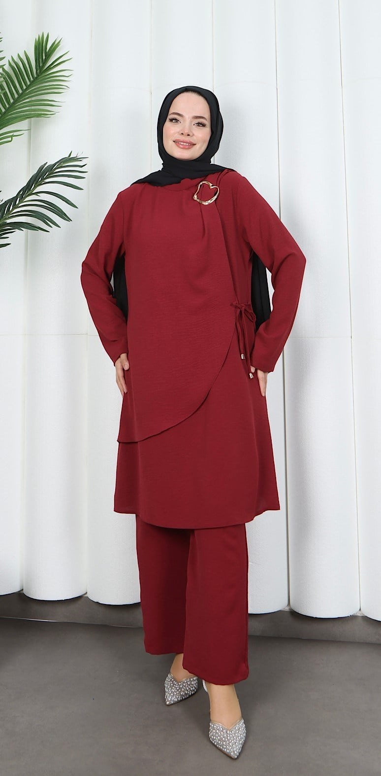 Yandan Tokalı Pantolonlu Ayrobin Takım Bordo  HNT8591