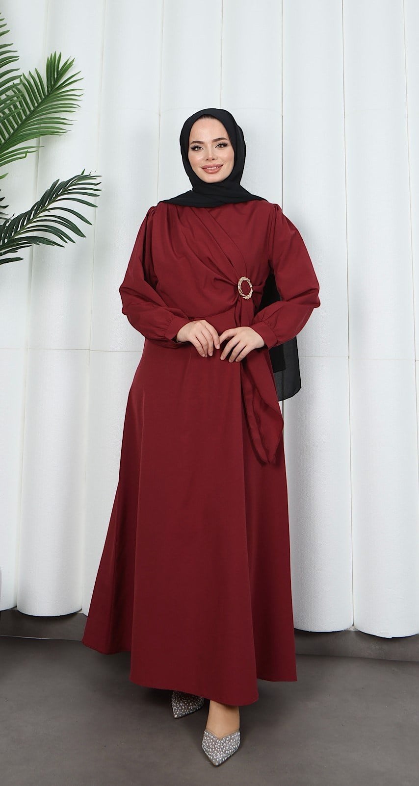Yandan Tokalı Terikoton Elbise Bordo  HNT0329