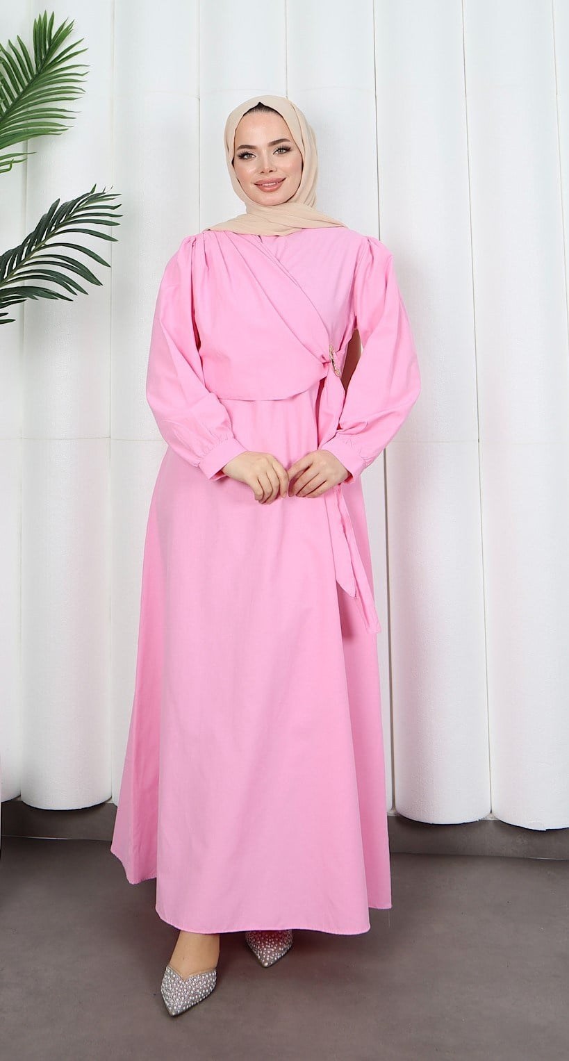 Yandan Tokalı Terikoton Elbise Pembe   HNT0329